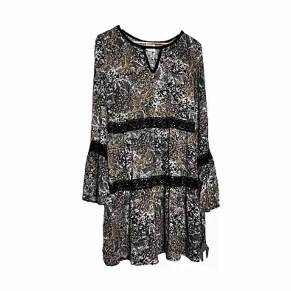 New Knox Rose Dress L Brown Paisley Print Velvet Trim Bell Sleeve Cottage Core